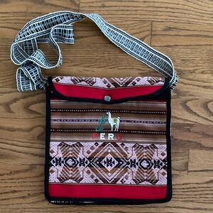 Vintage Peru Woven Crossbody Bag with Embroidered Llama Design